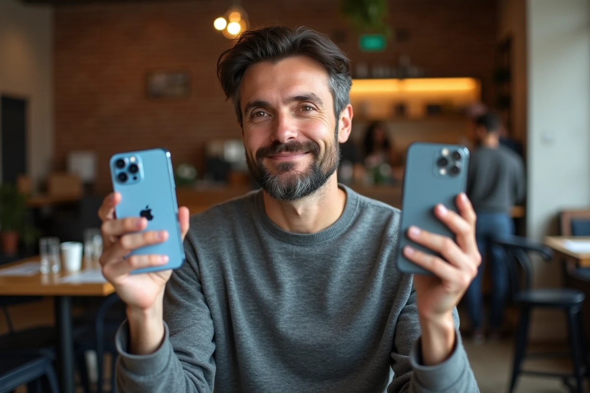 Homme comparant l'iPhone 12 Pro et l'iPhone 13 dans un café moderne