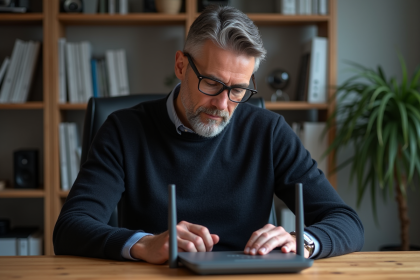 Homme d'âge moyen réglant un routeur WiFi dans un bureau moderne