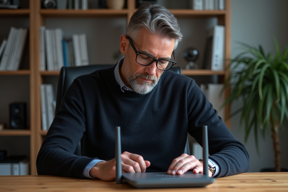 Homme d'âge moyen réglant un routeur WiFi dans un bureau moderne