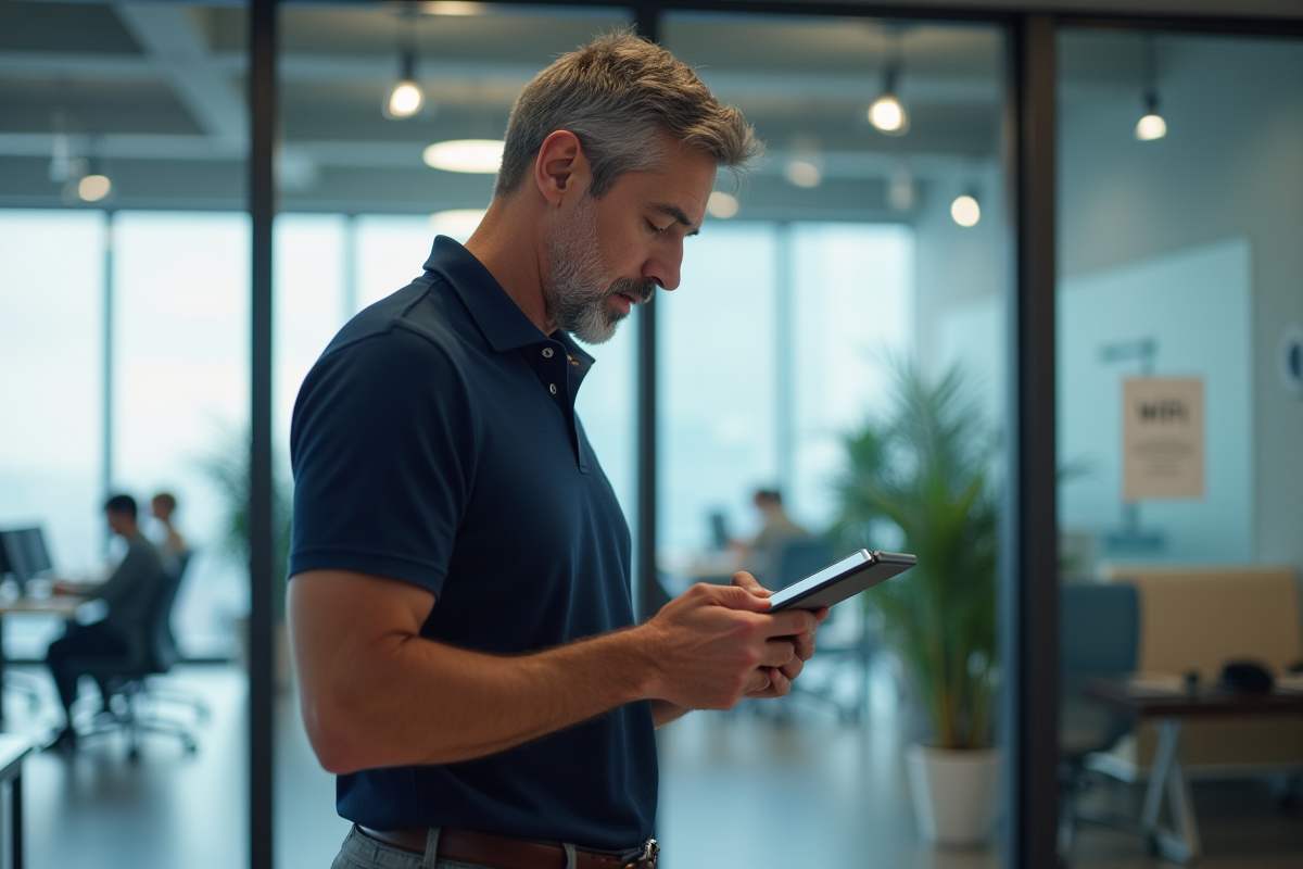 Homme vérifiant notifications dans espace de coworking avec WiFi 6