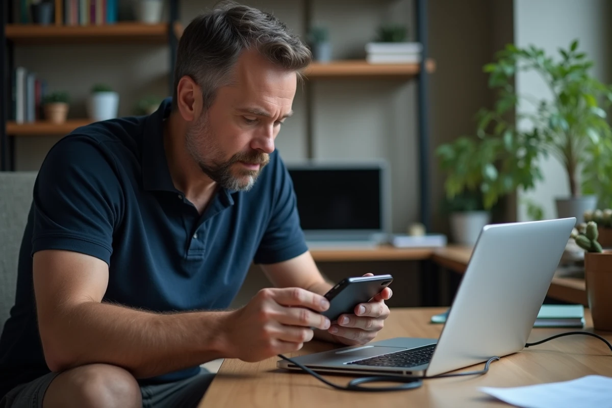 Homme diagnostiquant un Samsung A05s connecté à un ordinateur portable pour résoudre un problème technique