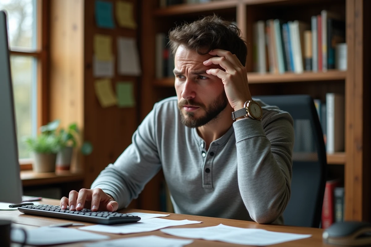Homme perplexe devant un clavier Dell dans un bureau à domicile entouré de documents et de notes