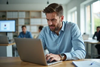 Un homme en chemise bleue frustré face à une erreur de connexion sur son ordinateur portable au bureau