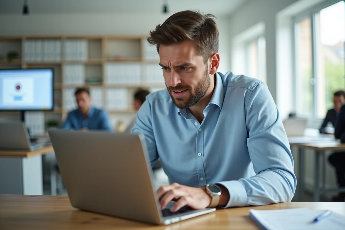 Un homme en chemise bleue frustré face à une erreur de connexion sur son ordinateur portable au bureau