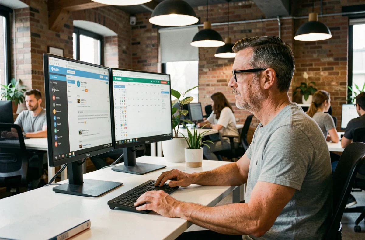 Homme utilisant deux écrans pour gérer plusieurs comptes AOL Webmail dans un bureau moderne en open space