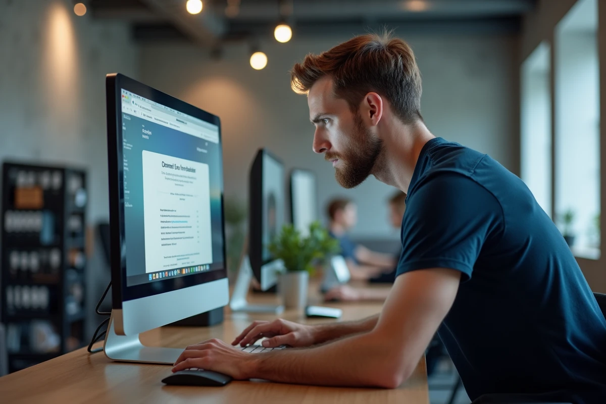 Homme consultant un guide de redirection de site web sur un grand écran dans un espace de coworking