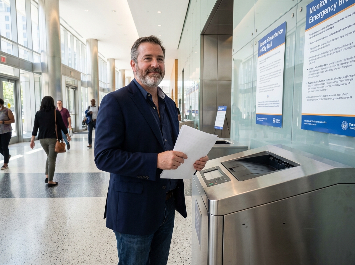 Homme dans une mairie tenant des documents imprimés dans un hall moderne