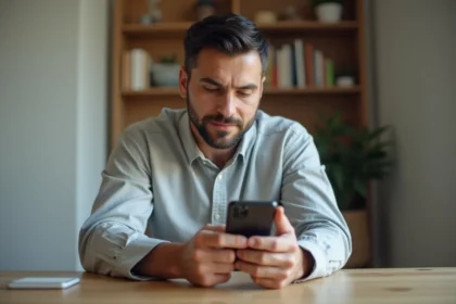 Homme examinant un iPhone 16 reconditionné dans un bureau moderne, réfléchissant à son achat