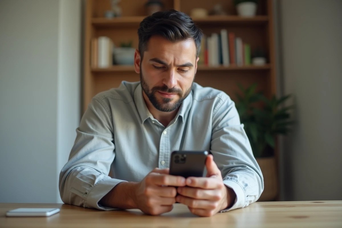 Homme examinant un iPhone 16 reconditionné dans un bureau moderne, réfléchissant à son achat