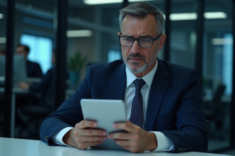 Homme IT en costume regardant une tablette dans un bureau moderne