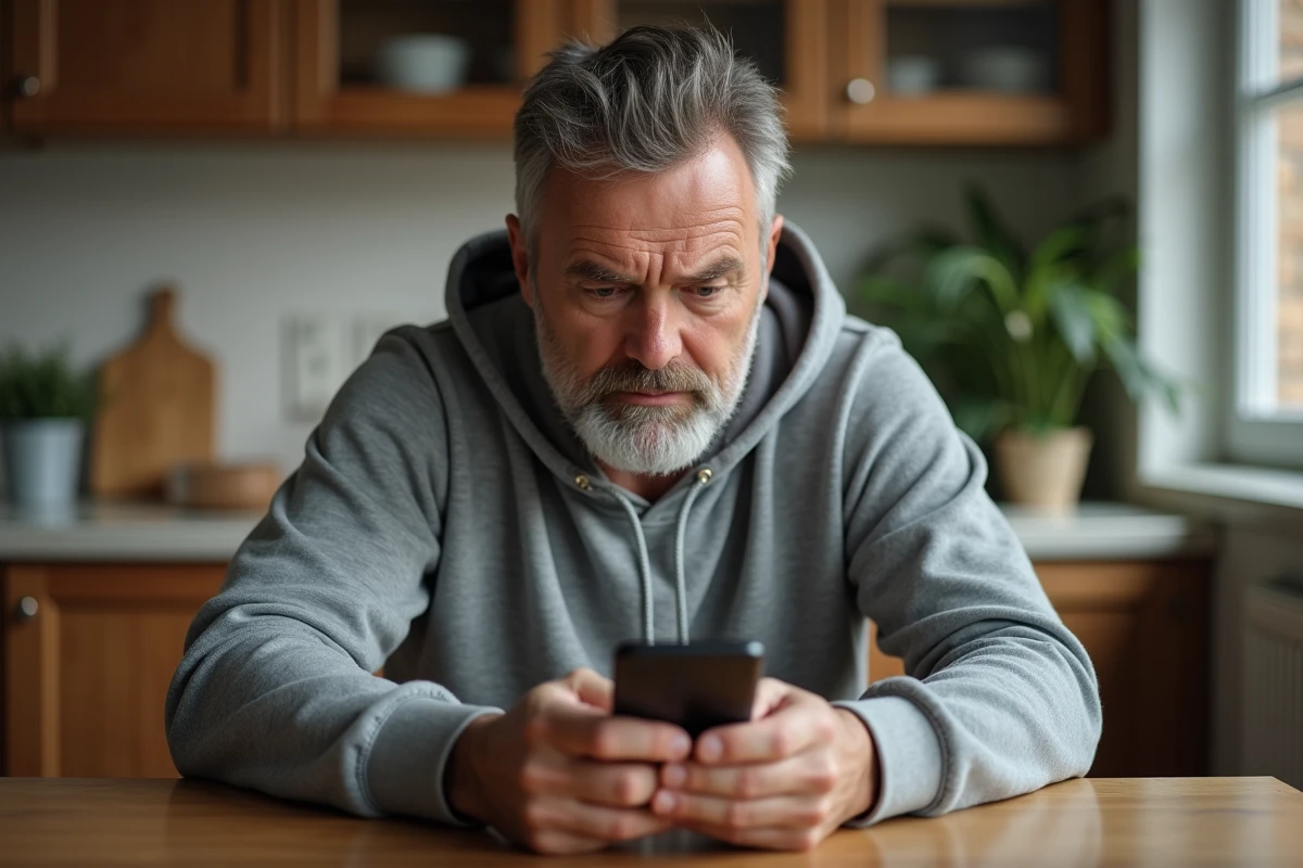 Homme à domicile scrutant un lien suspect masqué sur son smartphone