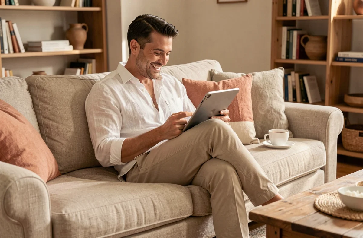 Homme détendu utilisant une tablette pour ses loisirs dans un salon chaleureux et confortable