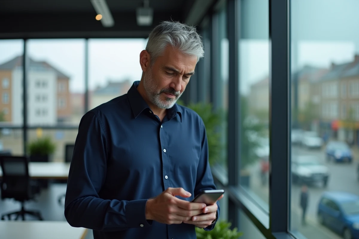 Homme consultant l'application de gestion énergétique Mel AC Normandie sur son téléphone dans un bureau professionnel
