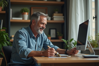 Homme d'âge moyen nettoyant un ordinateur de bureau dans un bureau à domicile