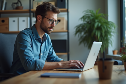 Jeune homme perplexe devant un écran 404 dans un bureau moderne