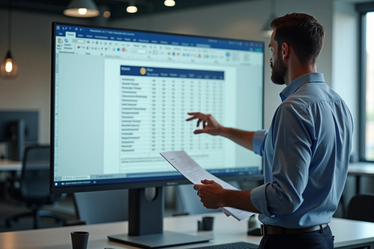 Homme d affaires consulte un document Word en entreprise