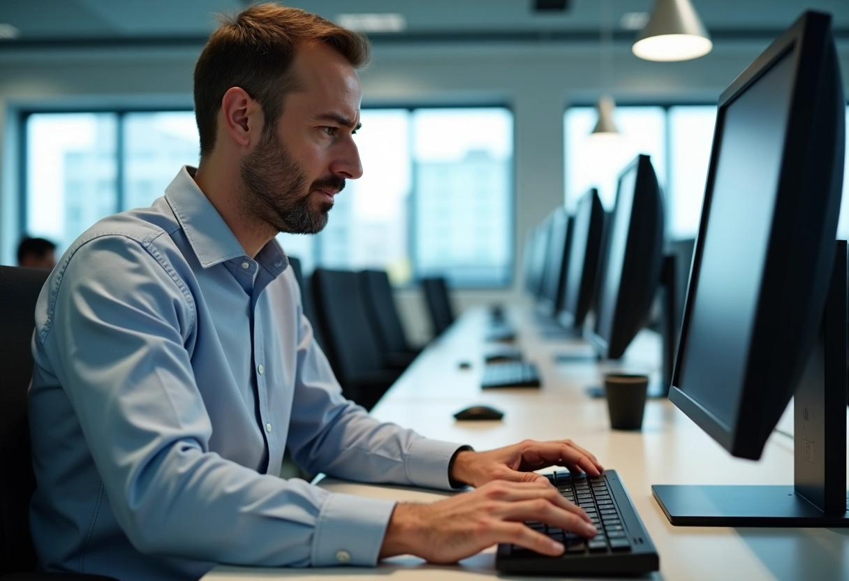 Homme d age moyen ajustant clavier au bureau