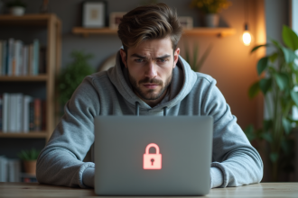 Jeune homme concentré face à un ordinateur avec erreur de verrouillage
