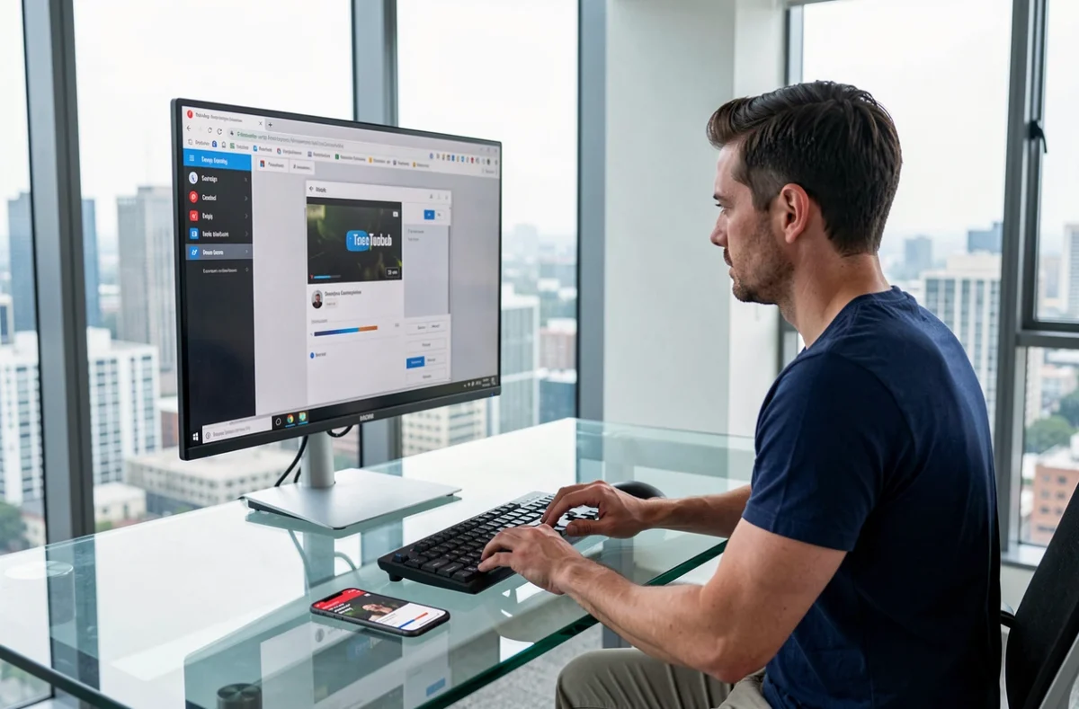 Homme utilisant un outil de conversion vidéo YouTube en MP4 sur un grand écran dans un appartement moderne
