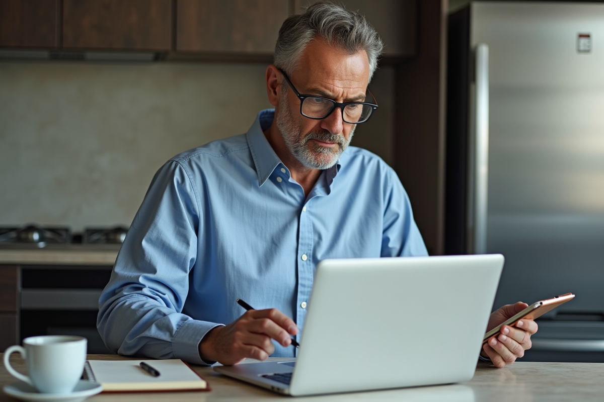 Homme avec carnet de mot de passe dans une cuisine moderne
