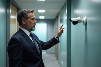 Homme d affaires examine une caméra de sécurité en bureau