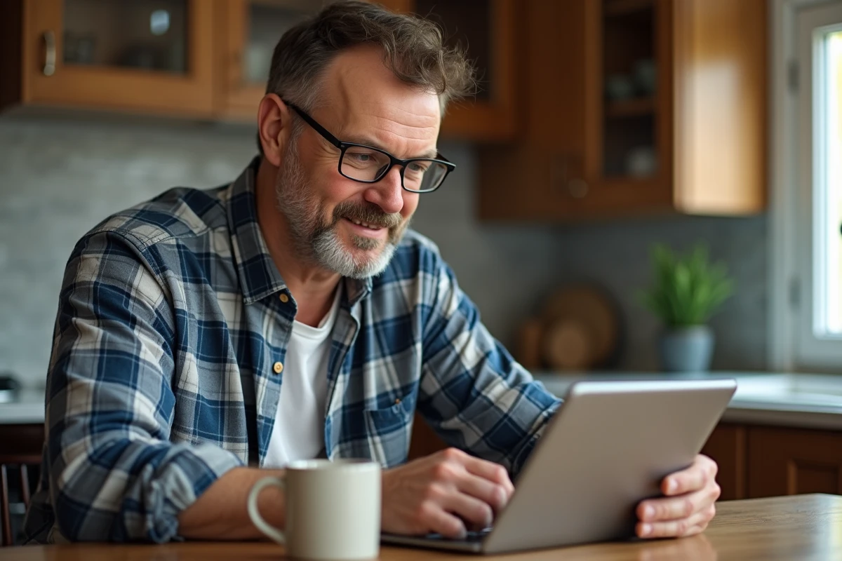 Homme en cuisine configure son webmail sur mobile