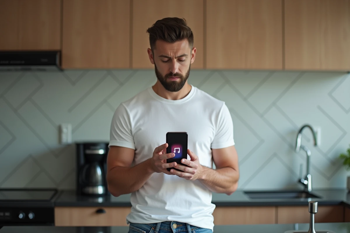 Homme utilisant un smartphone pour convertir une vidéo YouTube en MP3 en vérifiant les risques de virus