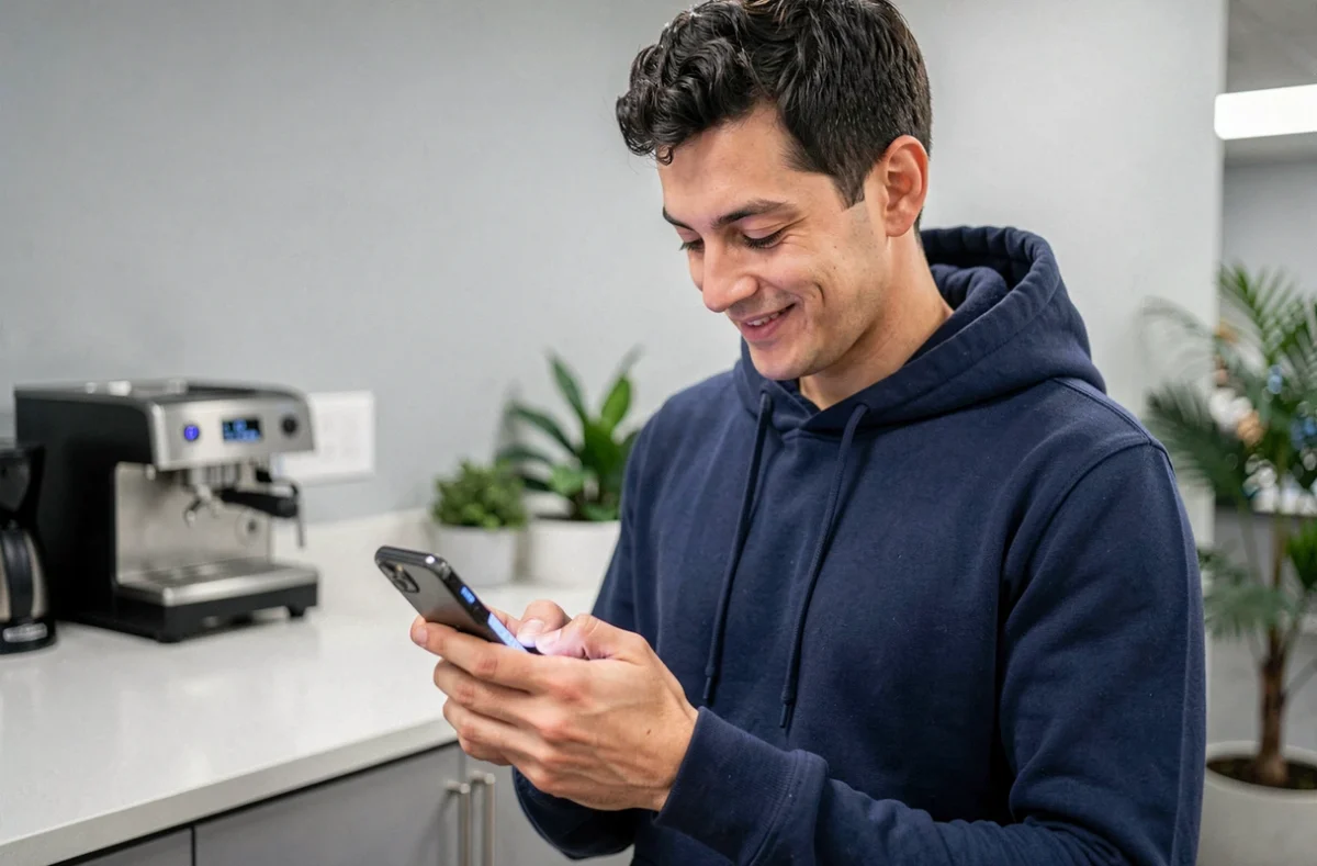 Homme assignant une chanson personnalisée comme sonnerie à un contact sur iPhone dans un bureau moderne