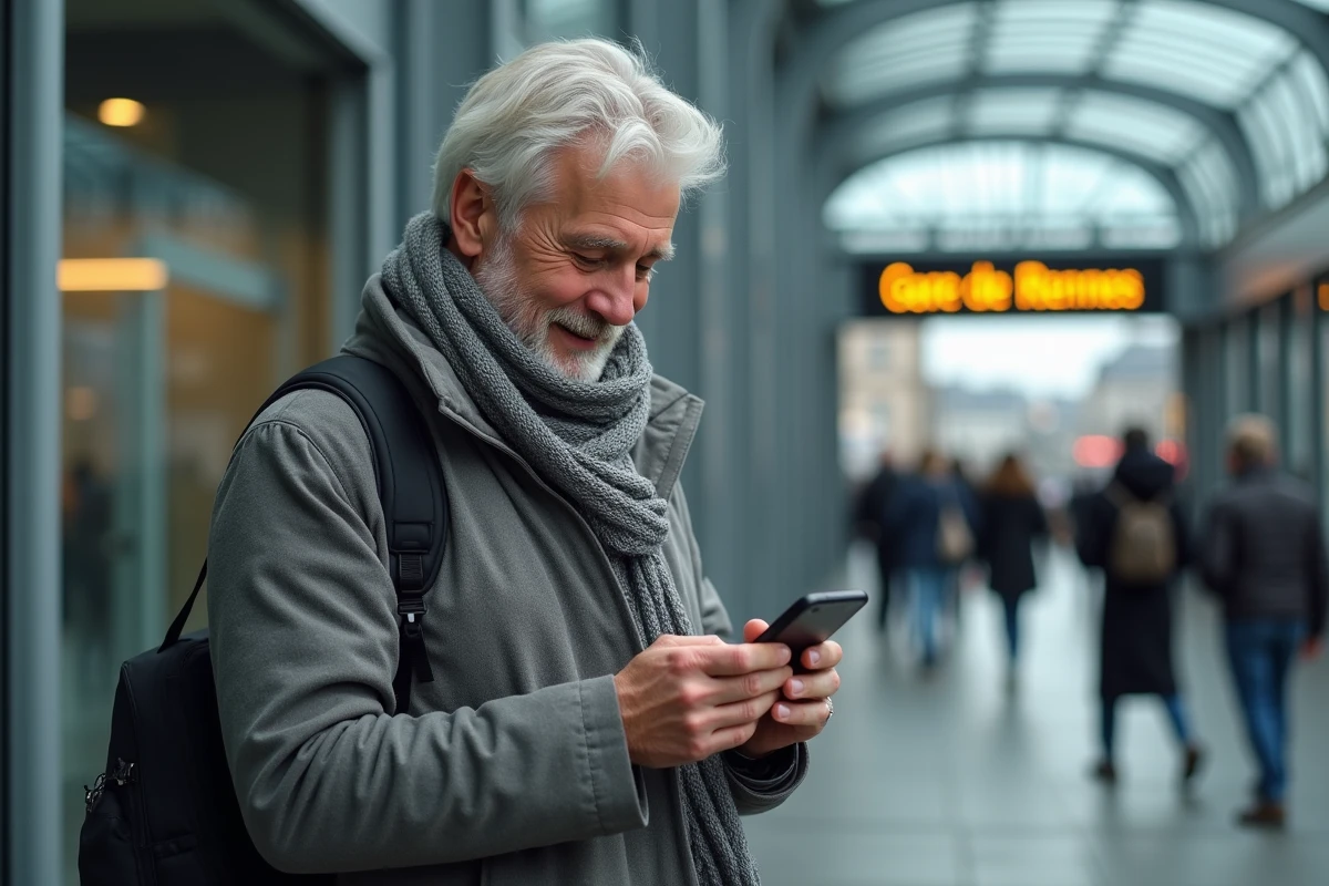 Homme souriant utilisant son smartphone près de la gare de Rennes