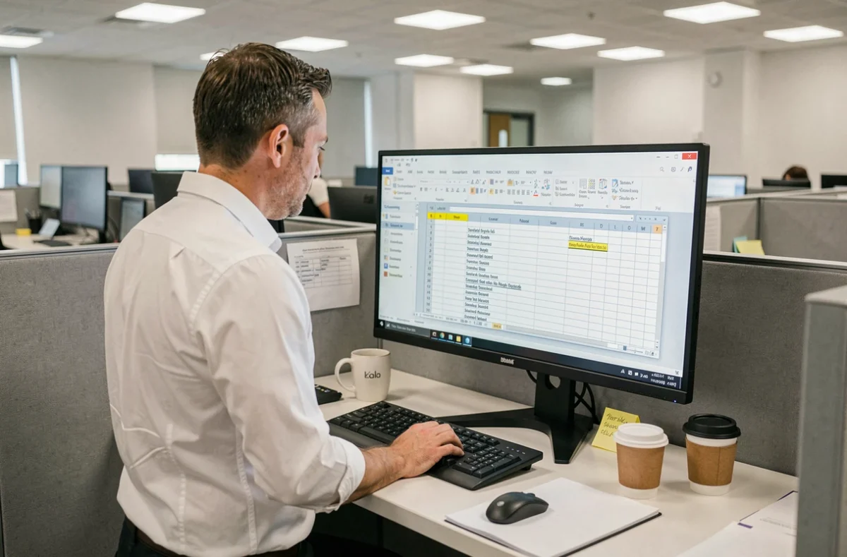 Homme d'affaires consultant un tableau de planning dans Word sur un grand écran en open space