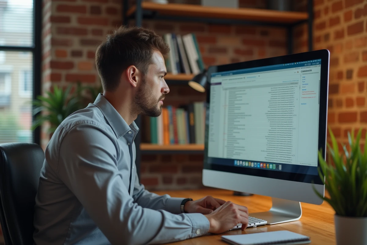 Homme en télétravail analysant attentivement les destinataires d'un email professionnel sur grand écran dans un bureau à domicile moderne, focus sur les champs Cc et Cci
