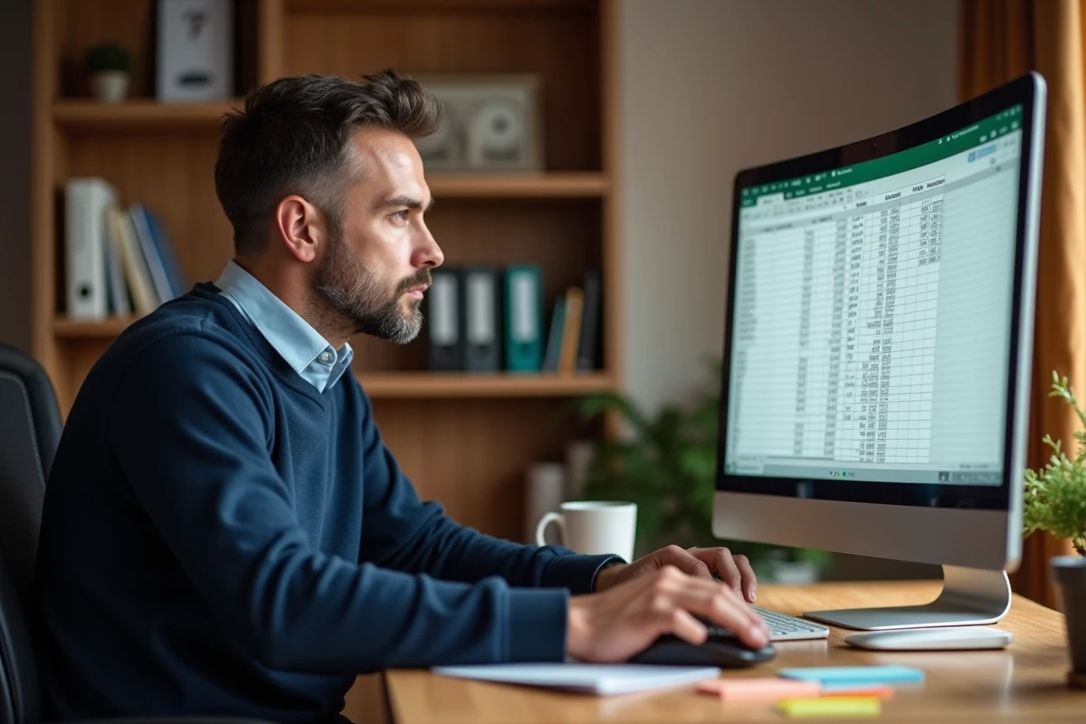 Homme en télétravail utilisant un tableau structuré Excel pour identifier et enlever des doublons