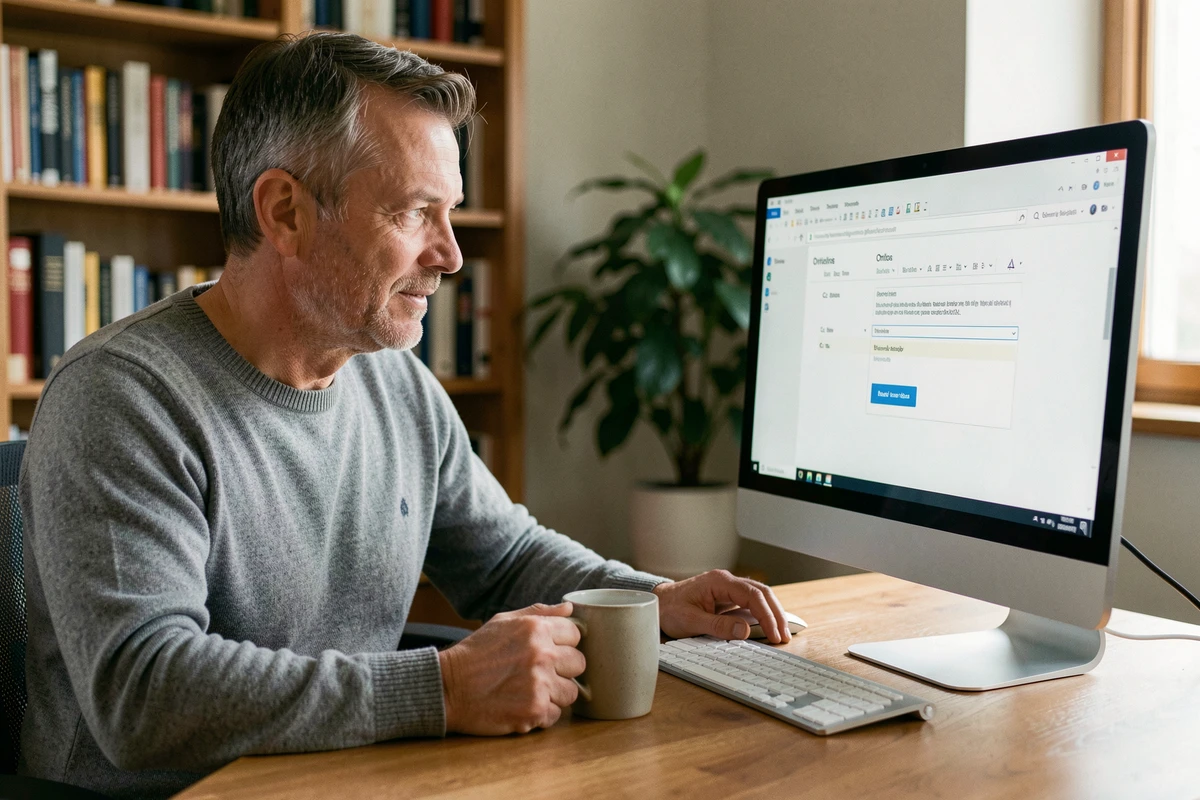 Homme travaillant depuis son domicile sur Outlook avec les champs destinataires Cc et Cci affichés à l'écran