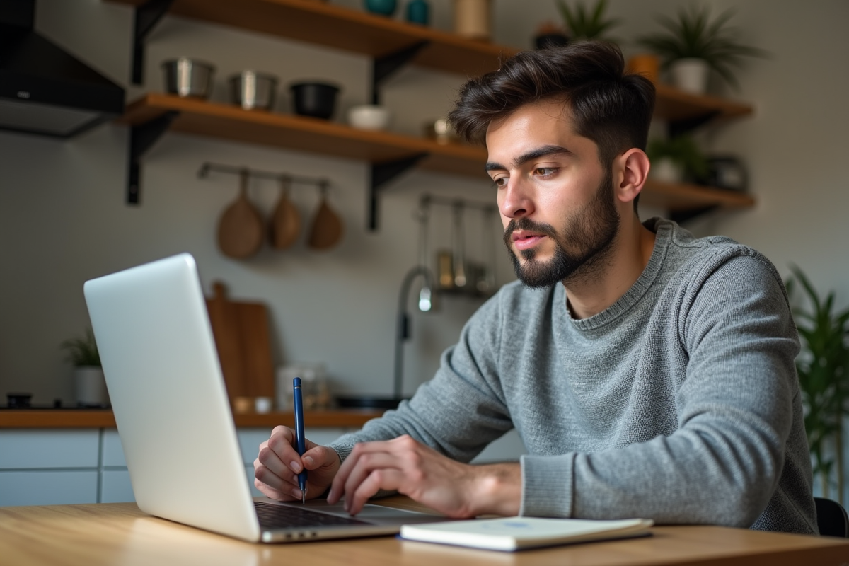 Homme travaillant à son ordinateur dans une cuisine