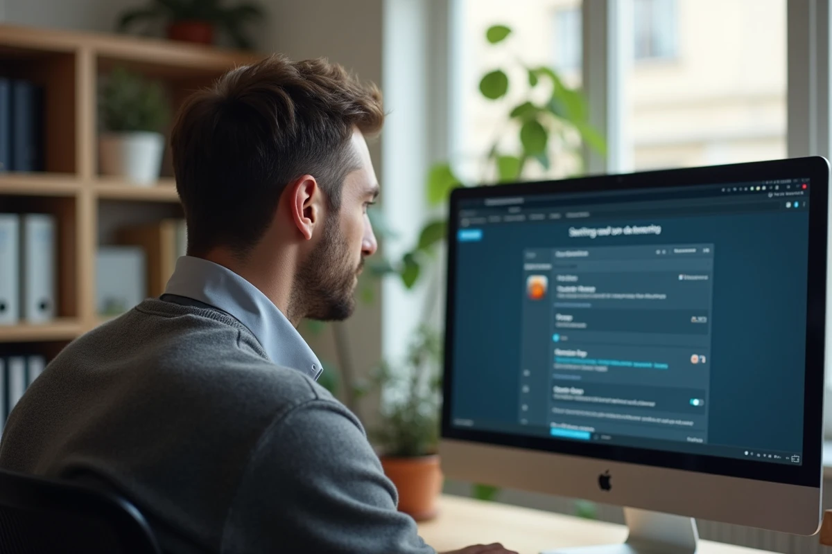 Homme concentré utilisant la mafreebox dans son bureau lumineux