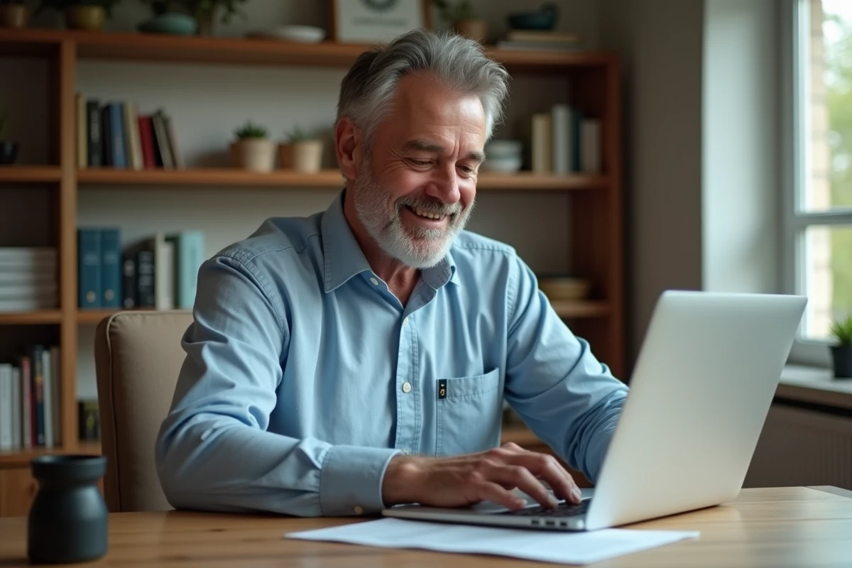 Homme d age moyen travaillant à domicile sur son ordinateur portable