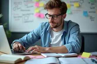 Homme concentré travaillant sur un ordinateur dans un bureau technologique