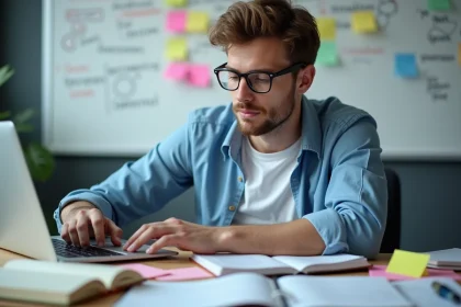 Homme concentré travaillant sur un ordinateur dans un bureau technologique