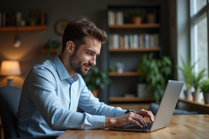 Jeune homme concentré tapant un mot de passe dans un bureau cosy