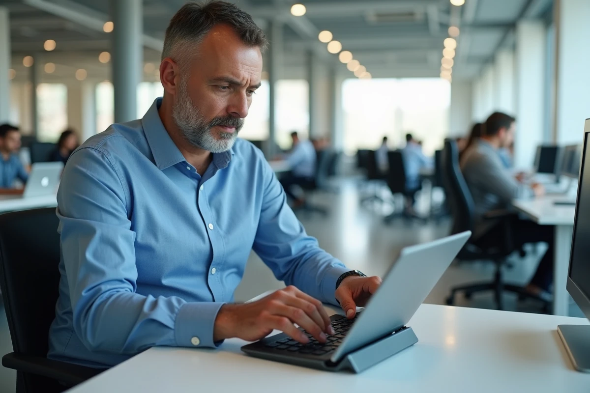 Homme montrant des raccourcis clavier sur un clavier compact connecté à une tablette