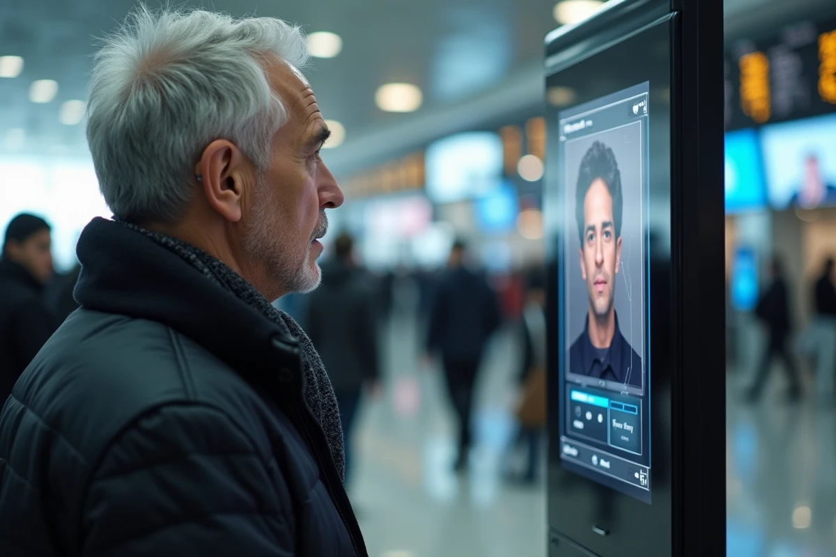 Homme vérifiant son identité à un kiosque facial à l