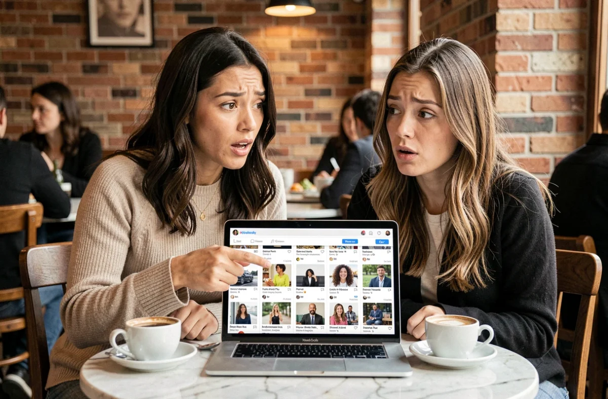Deux femmes découvrant les réseaux sociaux d'une personne grâce à une recherche par photo dans un café
