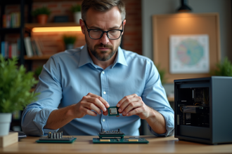 Ingénieur homme assemble CPU sur bureau moderne