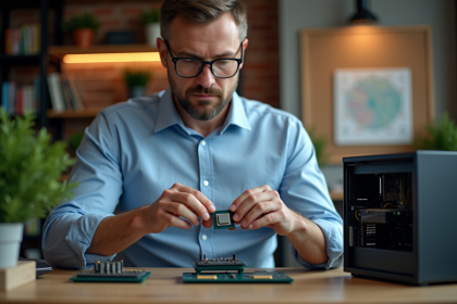 Ingénieur homme assemble CPU sur bureau moderne
