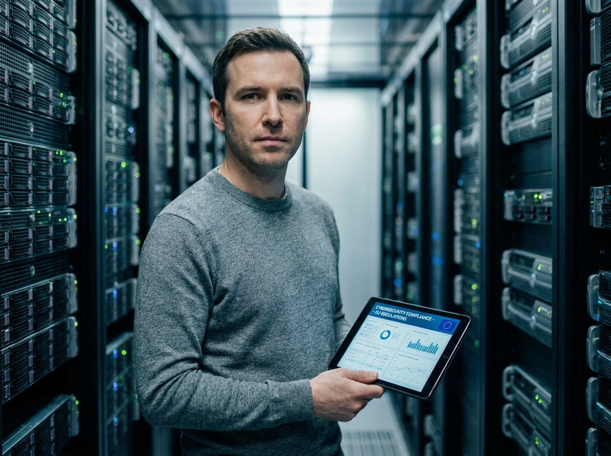 Ingénieur en infrastructure numérique européenne debout dans une salle de serveurs avec tableau de bord de conformité RGPD