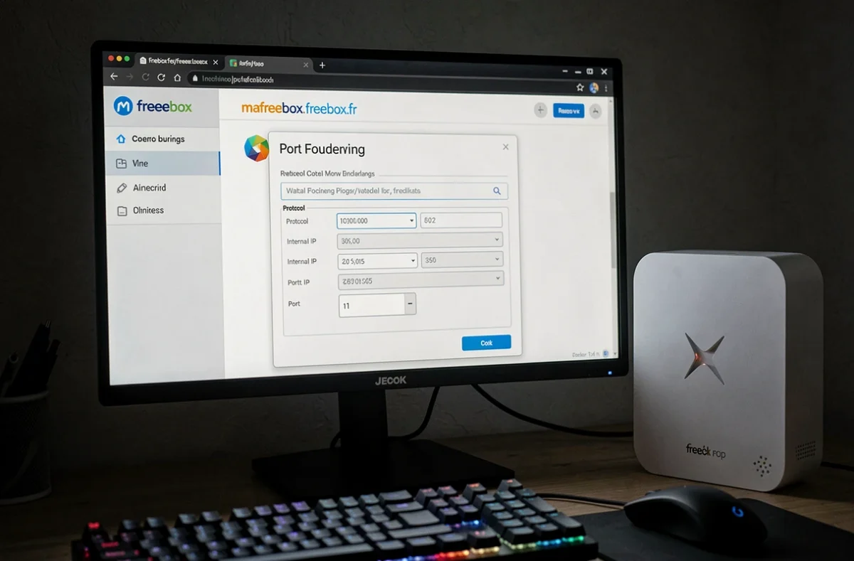 Écran d'ordinateur affichant l'interface de gestion des ports Freebox sur mafreebox.freebox.fr avec formulaire de redirection de ports