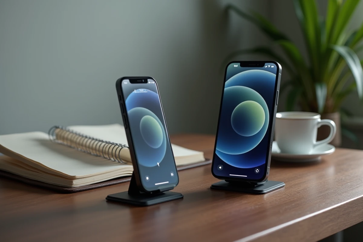 iPhone 12 Pro et iPhone 13 sur bureau en bois avec carnet et café dans un bureau à domicile