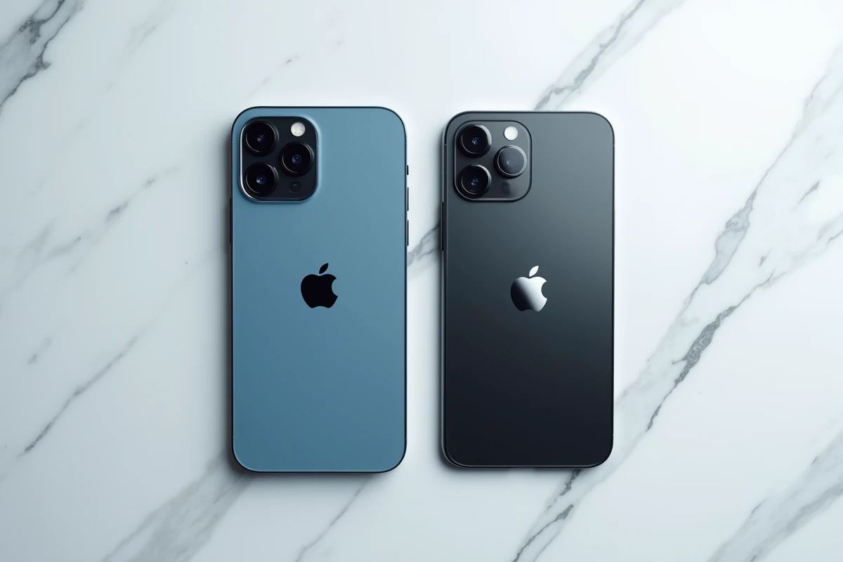 iPhone 12 Pro et iPhone 13 côte à côte sur marbre blanc pour comparaison directe
