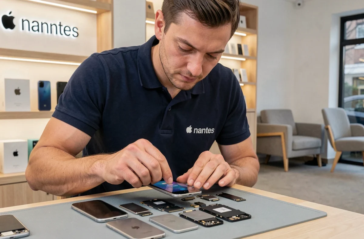 Technicien d'iRépare Nantes en train de remplacer l'écran d'un iPhone sur un établi de réparation
