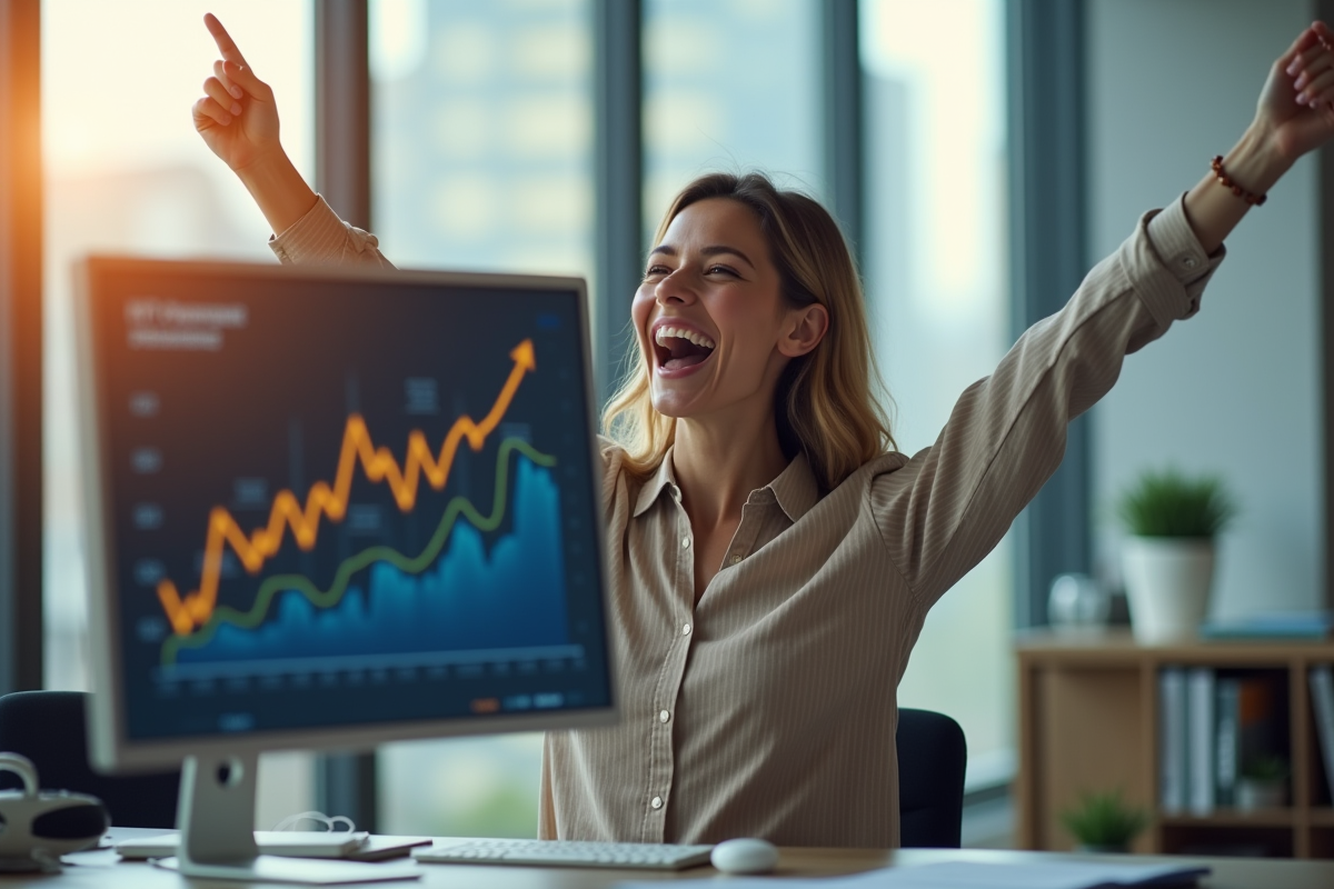 Jeune femme d'affaires souriante devant un graphique en hausse